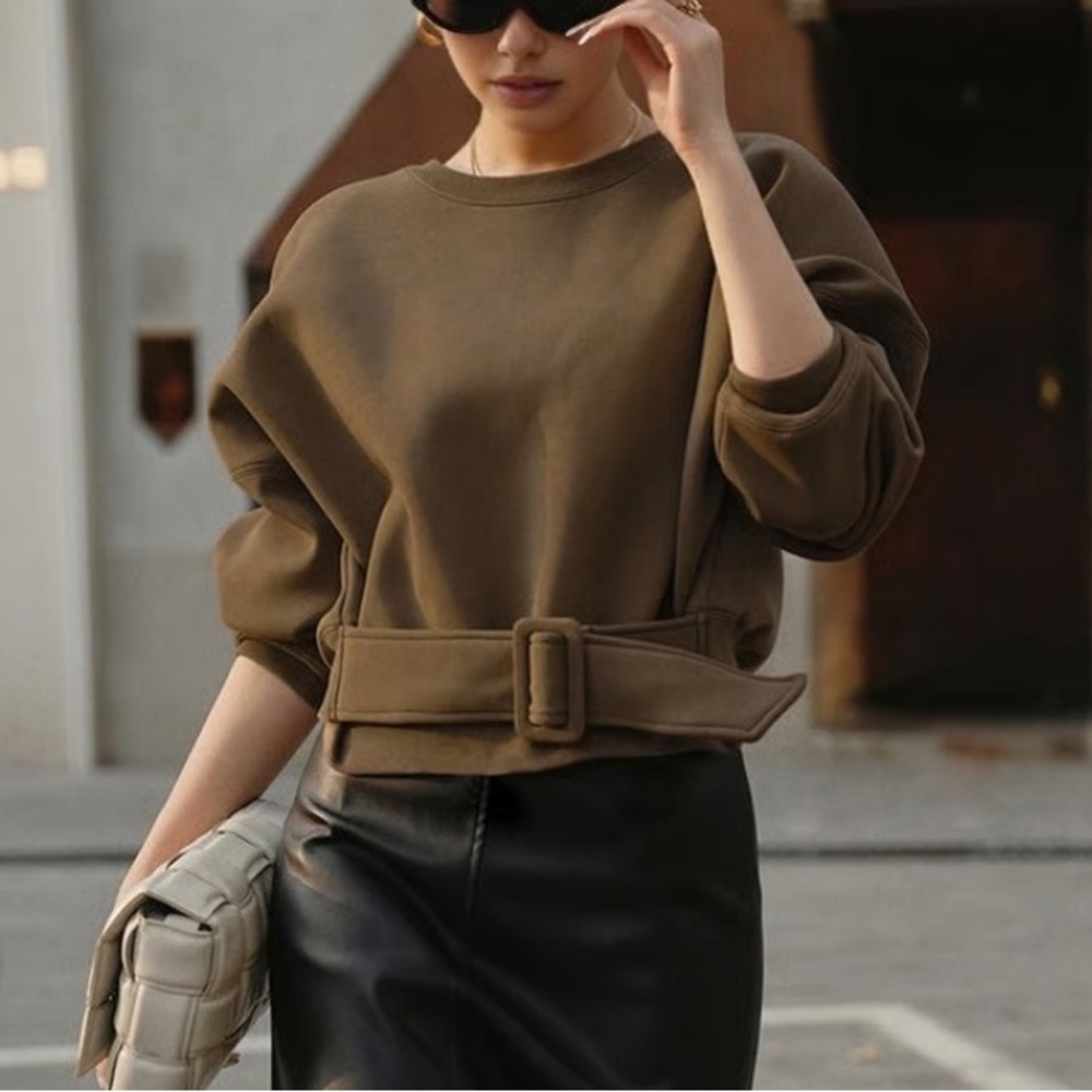 NWT! Commense Brown Belted Crew Neck Sweatshirt - Cropped Pullover Top Casual